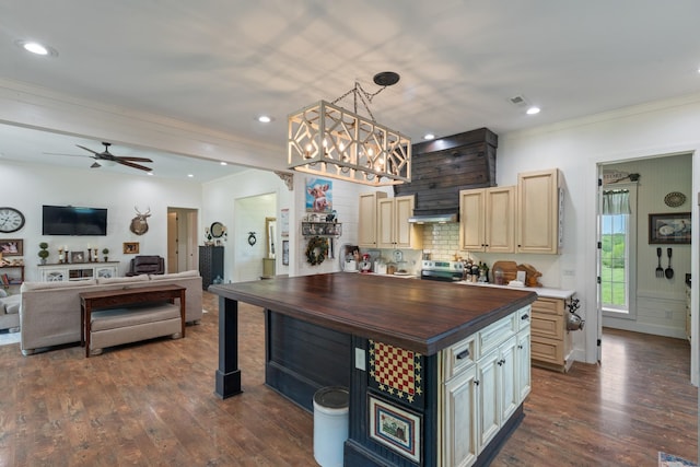 703 Gaither Hinson Rd, Waynesboro, TN 38485 - kitchen with crown molding, butcher block countertops, ceiling fan with notable chandelier, cream cabinetry, and dark wood-style floors