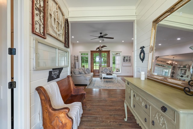 703 Gaither Hinson Rd, Waynesboro, TN 38485 - living area with recessed lighting, ceiling fan with notable chandelier, and dark wood-style flooring