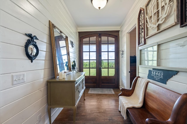 703 Gaither Hinson Rd, Waynesboro, TN 38485 - doorway to outside with crown molding, french doors, dark wood-style flooring, and wooden walls