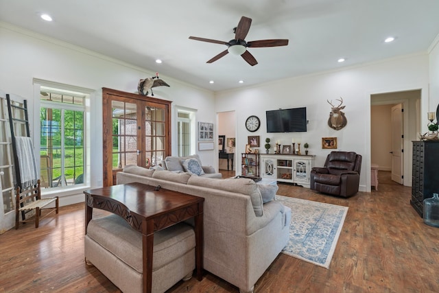703 Gaither Hinson Rd, Waynesboro, TN 38485 - living room with ceiling fan, french doors, recessed lighting, wood finished floors, and ornamental molding