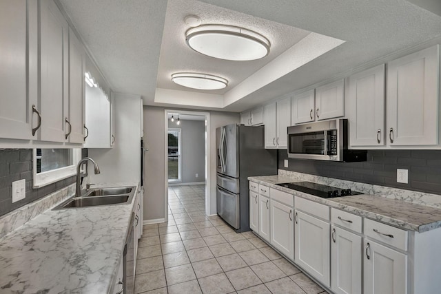 kitchen featuring decorative backsplash, a sink, a raised ceiling, and appliances with stainless steel finishes