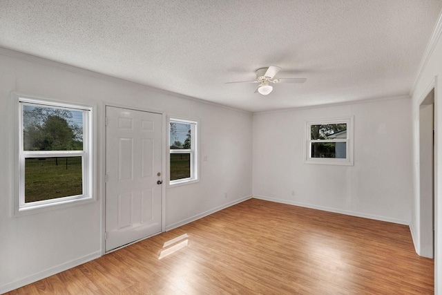 entrance foyer featuring crown molding, a healthy amount of sunlight, a textured ceiling, and light wood-type flooring