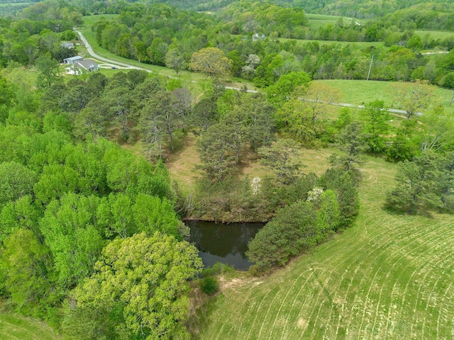 aerial view with a rural view, a wooded view, and a water view