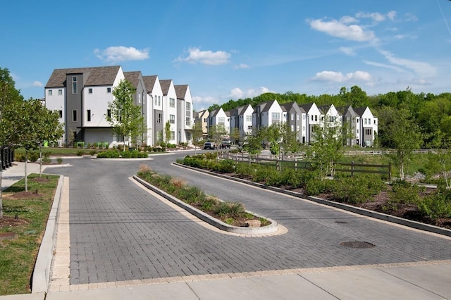 view of property's community with fence and a residential view