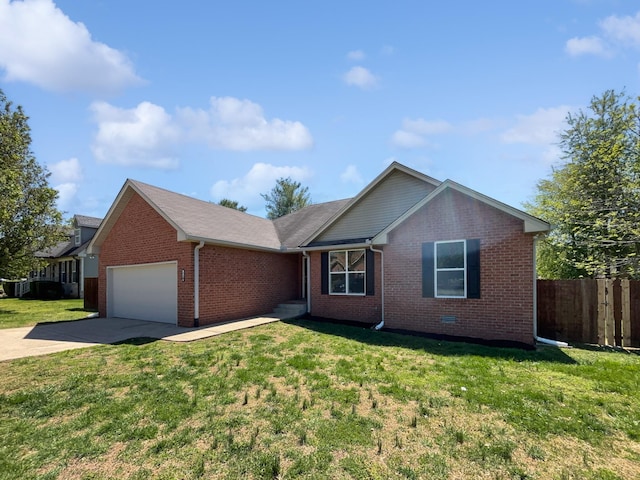 ranch-style house featuring fence, concrete driveway, brick siding, a front yard, and a garage