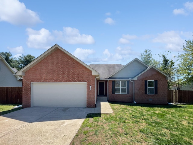 ranch-style house featuring fence, an attached garage, driveway, and brick siding