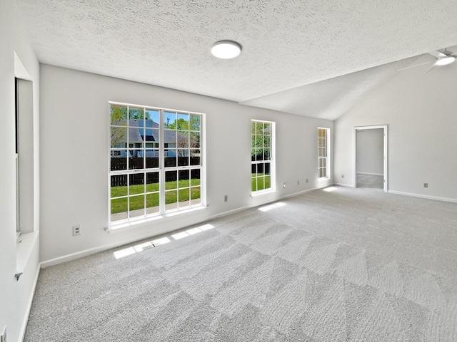 carpeted empty room with lofted ceiling, baseboards, and a textured ceiling