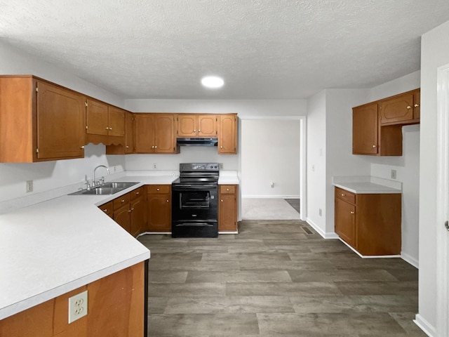 kitchen featuring black electric range oven, under cabinet range hood, a sink, and brown cabinets