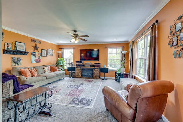 living room featuring a ceiling fan, carpet, baseboards, ornamental molding, and recessed lighting