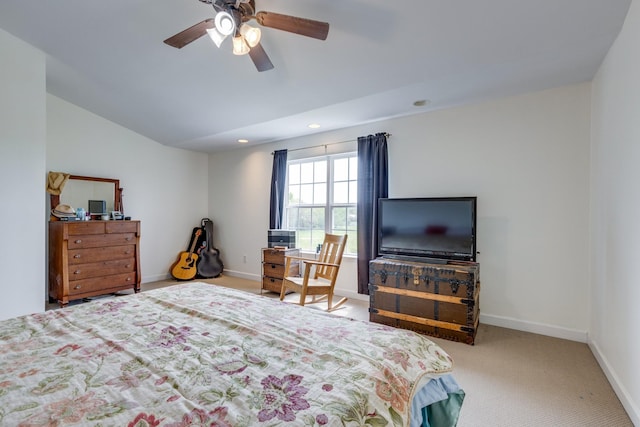 bedroom with recessed lighting, vaulted ceiling, carpet floors, and baseboards