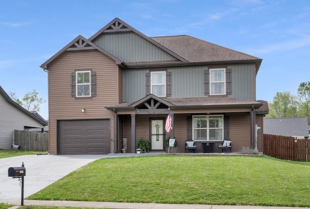 craftsman house with a porch, concrete driveway, fence, a garage, and a front yard