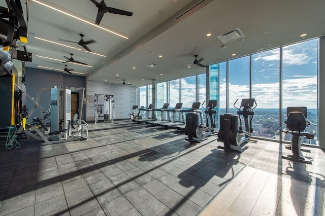 1616 W End Ave Unit 1803, Nashville, TN 37203 - workout area featuring a wall of windows, a ceiling fan, and visible vents