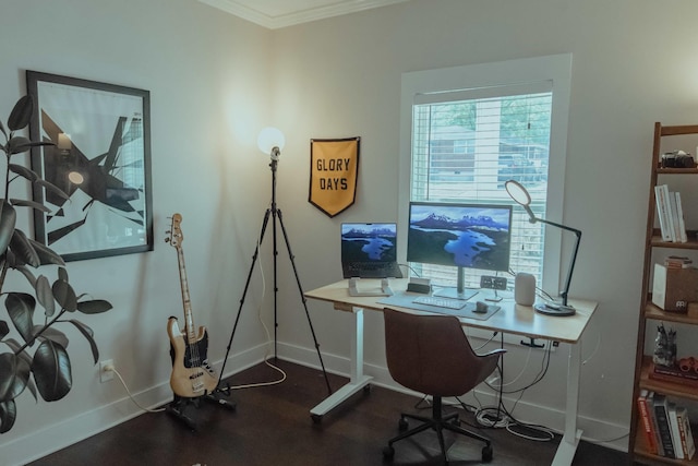 office area featuring baseboards and crown molding