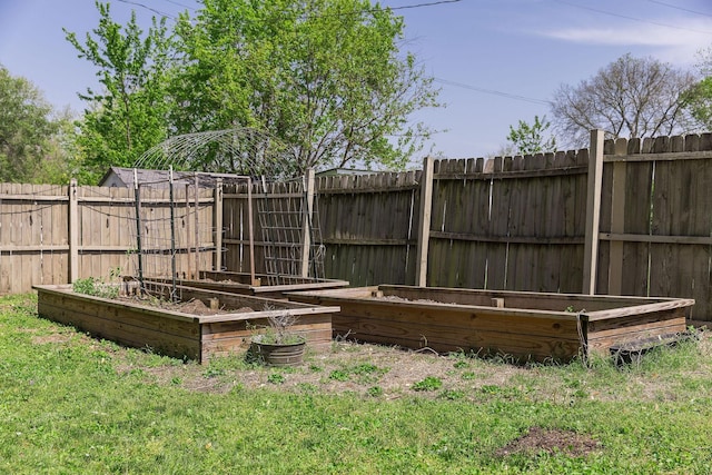 view of yard featuring a fenced backyard and a vegetable garden