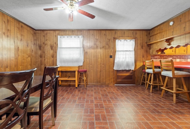 dining room with plenty of natural light, brick patterned floor, and ceiling fan