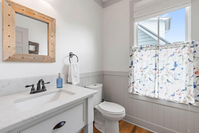 bathroom featuring toilet, wainscoting, wood finished floors, and vanity