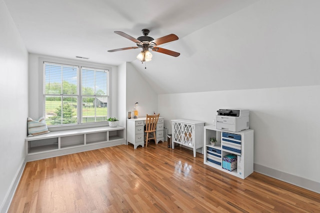 bonus room with a ceiling fan, visible vents, wood finished floors, and lofted ceiling