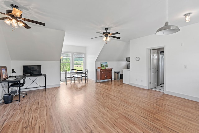 interior space with light wood-type flooring, baseboards, and ceiling fan