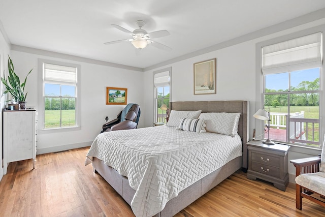 bedroom featuring baseboards, light wood-style flooring, and multiple windows