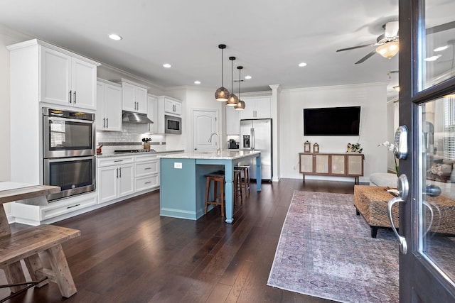 131 Benjamin Ln, Hendersonville, TN 37075 - kitchen with stainless steel appliances, dark wood-style floors, ceiling fan, under cabinet range hood, and ornamental molding