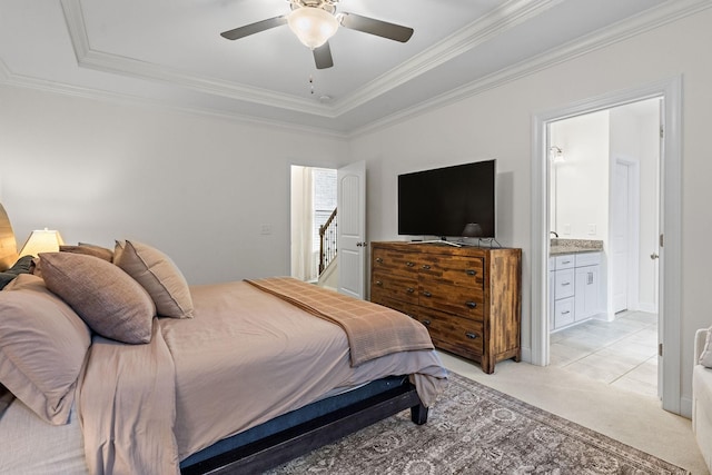 131 Benjamin Ln, Hendersonville, TN 37075 - bedroom featuring light carpet, a tray ceiling, a ceiling fan, crown molding, and ensuite bath