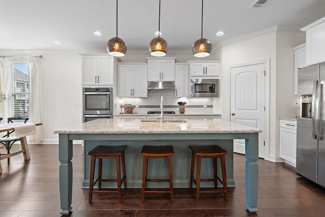131 Benjamin Ln, Hendersonville, TN 37075 - kitchen with backsplash, under cabinet range hood, stainless steel appliances, and white cabinetry