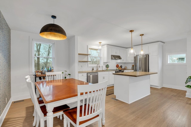 dining room with a wealth of natural light, visible vents, light wood finished floors, and baseboards