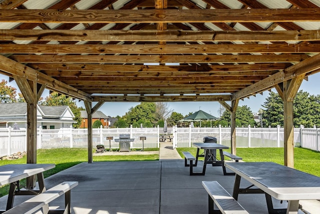 view of patio featuring grilling area, outdoor dining area, and a fenced backyard