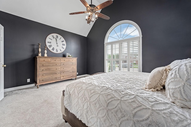 bedroom featuring high vaulted ceiling, ceiling fan, carpet, and baseboards