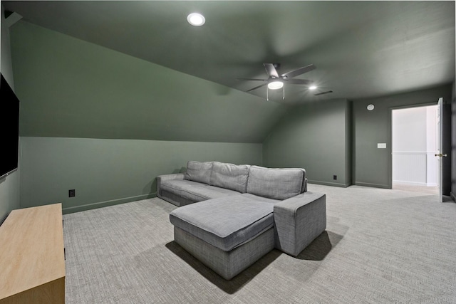 carpeted living room with recessed lighting, a ceiling fan, vaulted ceiling, and baseboards