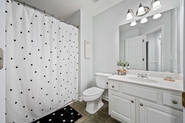 full bath with vanity, curtained shower, tile patterned floors, toilet, and baseboards