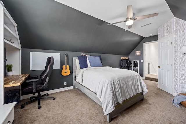 carpeted bedroom with baseboards, visible vents, ceiling fan, and vaulted ceiling
