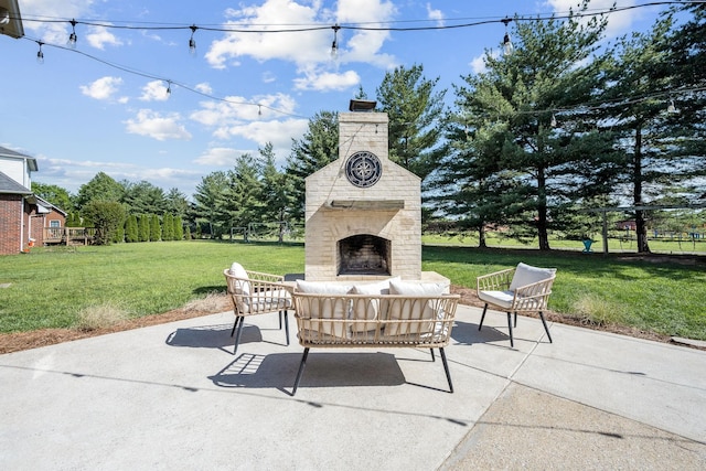 view of patio / terrace featuring an outdoor living space with a fireplace