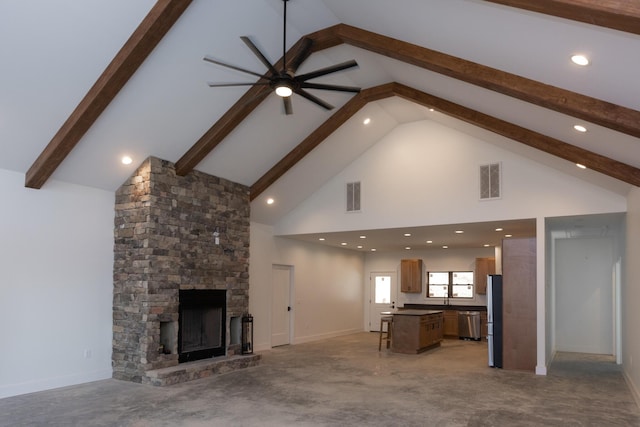 living room featuring a stone fireplace, visible vents, beamed ceiling, high vaulted ceiling, and ceiling fan
