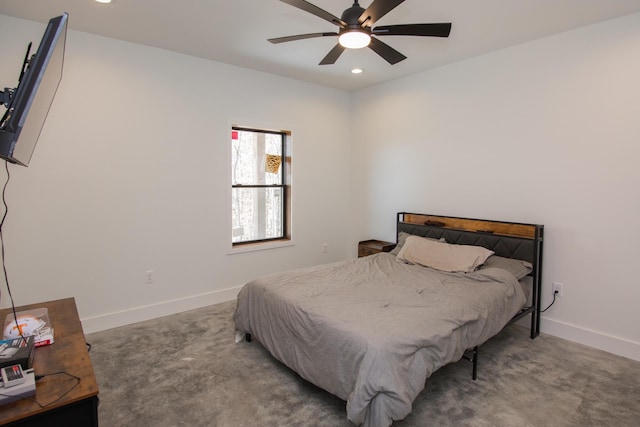bedroom featuring recessed lighting, carpet, a ceiling fan, and baseboards