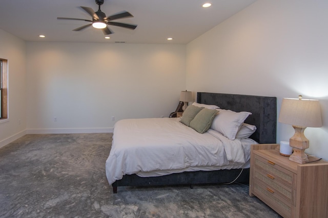 bedroom featuring recessed lighting, a ceiling fan, and baseboards