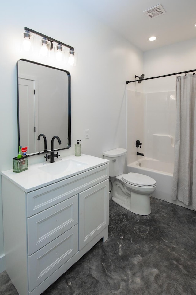 bathroom featuring concrete floors, vanity, shower / bathtub combination with curtain, toilet, and visible vents