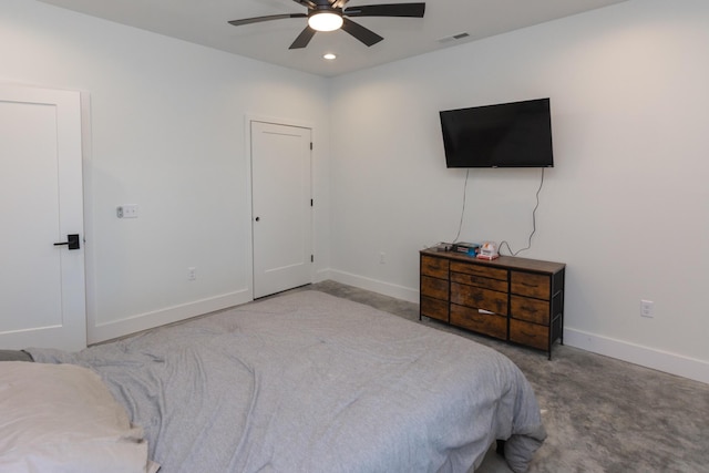 bedroom featuring recessed lighting, visible vents, a ceiling fan, and baseboards