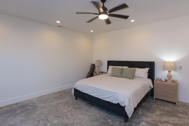 bedroom featuring carpet, ceiling fan, baseboards, and recessed lighting