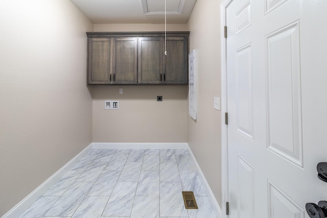 laundry area with attic access, hookup for an electric dryer, baseboards, washer hookup, and marble finish floor