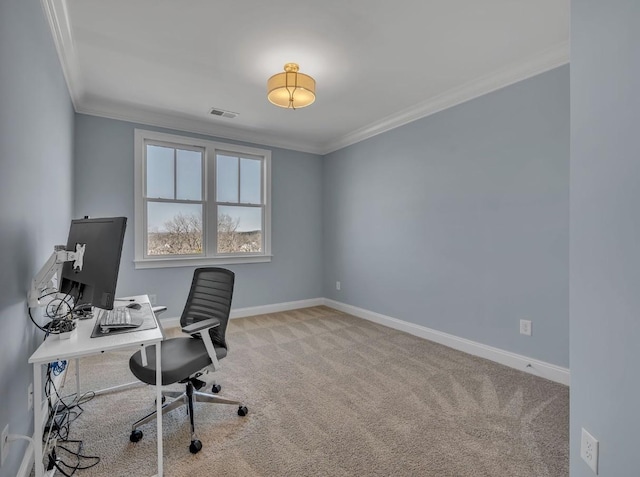 home office featuring baseboards, carpet floors, and crown molding