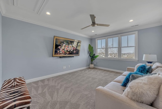 living room featuring baseboards, recessed lighting, a ceiling fan, crown molding, and carpet floors