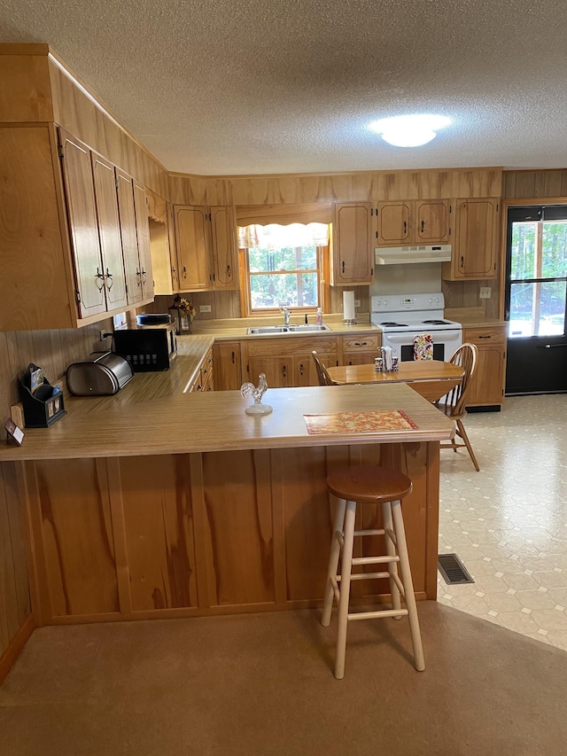 kitchen with under cabinet range hood, light countertops, visible vents, white range with electric cooktop, and a textured ceiling