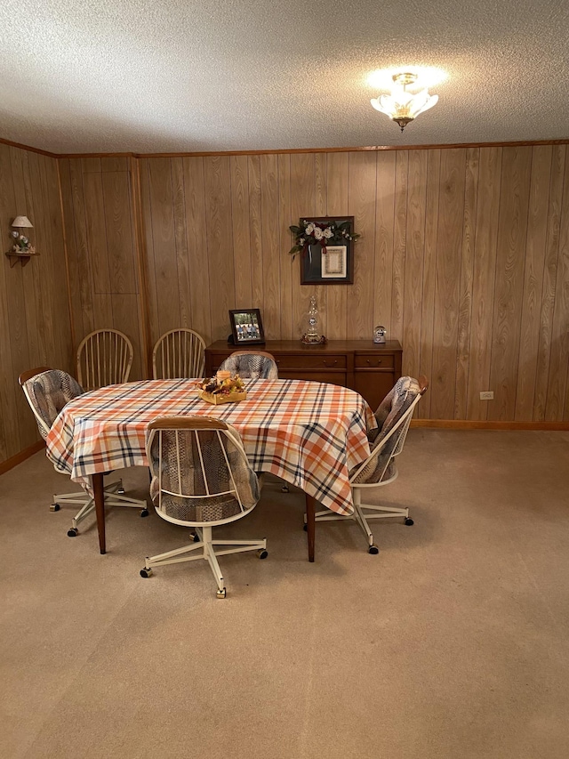 dining area featuring carpet floors, a textured ceiling, wood walls, and baseboards