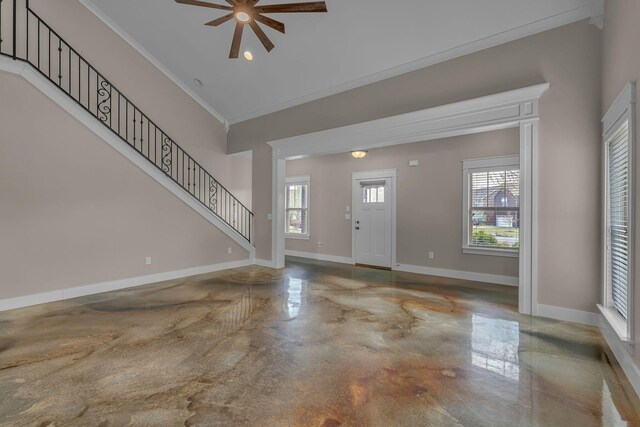 1118 Cotillion Dr, Murfreesboro, TN 37128 - foyer featuring stairway, ornamental molding, baseboards, finished concrete floors, and ceiling fan