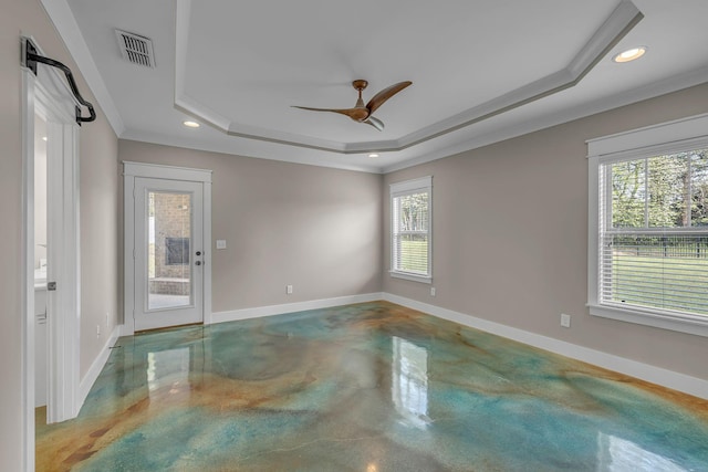 1118 Cotillion Dr, Murfreesboro, TN 37128 - empty room featuring finished concrete flooring, a raised ceiling, baseboards, ornamental molding, and visible vents