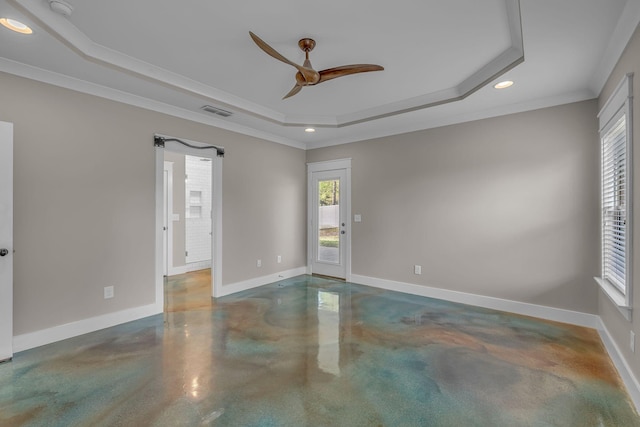 1118 Cotillion Dr, Murfreesboro, TN 37128 - empty room with a ceiling fan, finished concrete flooring, a raised ceiling, baseboards, and recessed lighting
