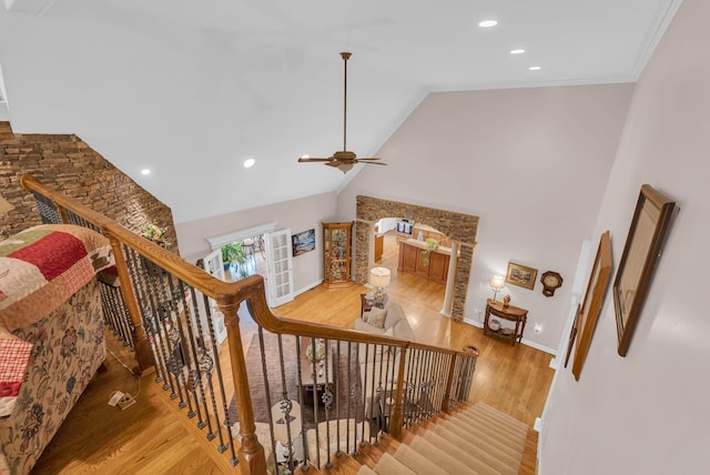 321 Clinchfield Dr, Monterey, TN 38574 - staircase featuring recessed lighting, wood finished floors, crown molding, high vaulted ceiling, and ceiling fan