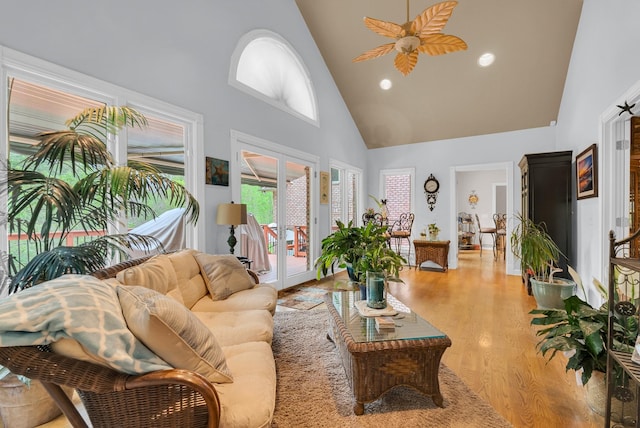 321 Clinchfield Dr, Monterey, TN 38574 - living room featuring high vaulted ceiling, recessed lighting, a ceiling fan, and light wood-style flooring