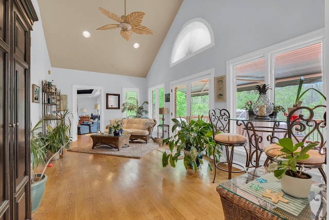 321 Clinchfield Dr, Monterey, TN 38574 - living room with recessed lighting, light wood-style floors, high vaulted ceiling, and ceiling fan